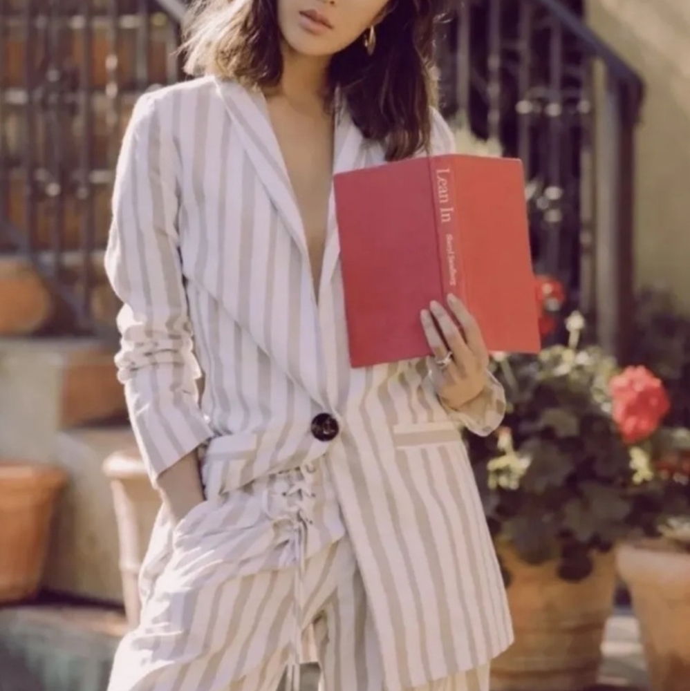 Chriselle x J.O.A LINEN Ivory Tan Striped One-Button Boyfriend Blazer Jacket …